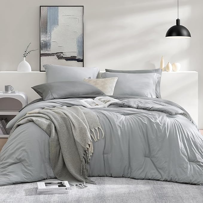 WRENSONGE Twin Comforter Set- 5 Pieces Light Grey Bed in a Bag, All Season Twin XL Bedding Sets with 1 Fitted Sheet, 1 Flat Sheet, 1 Pillow Sham and 1 Pillowcase
