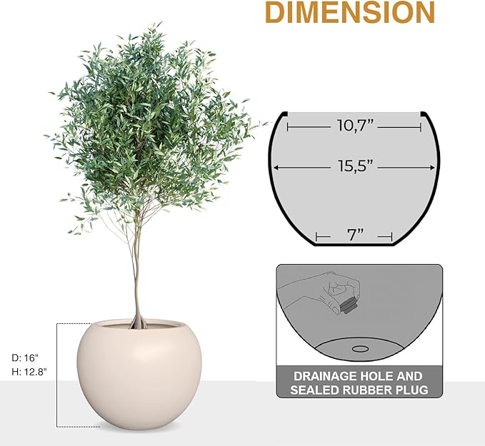 12.8" H x 16" D Globo Fiberstone Round Planter with Drainage Hole, Weather Resistant, Smooth Finish, Planters for Indoor Plants & Outdoor, 2 Extra Coco Mats (Kilim Beige, 10.7" Pot Opening)