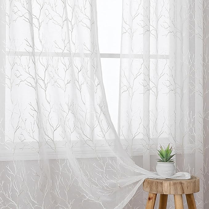 VISIONTEX Sheer Curtains 72 inch Length 2 Panels Set, Decorative Beige Coral Embroidery, Rod Pocket Embroidered Window Drapes for Living Room and Bedroom, 54" x 72"