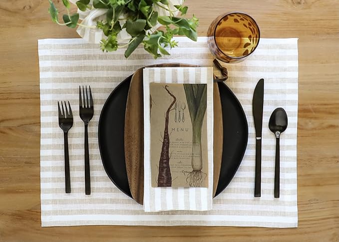 Solino Home Linen Napkins Set of 4-100% Pure Linen Amalfi Stripe Natural and White Cloth Dinner Napkins 20 x 20 Inch for Fall, Autumn, Thanksgiving, Christmas - Handcrafted and Machine Washable