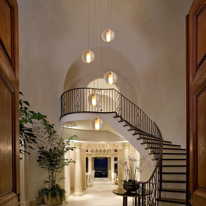 5 Lights Nickel Foyer Chandeliers for High Ceilings Raindrop Crystal Ball Staircase Chandelier Dimmable LED Entryway Pendant Light Hanging for Dining Room Hallway, Include Bulbs