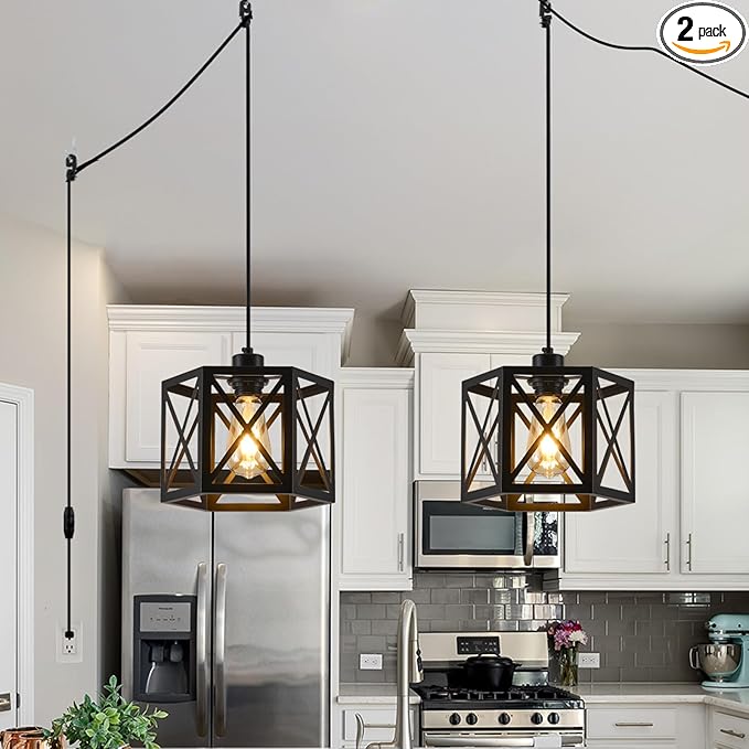2 Pack Plug in Pendant Light, Farmhouse Black Hanging Lights with Plug in Cord, 16.4FT Hexagonal Metal Plug in Hanging Lamp Kit, Dimmable Ceiling Light Fixture for Kitchen Island Hallway