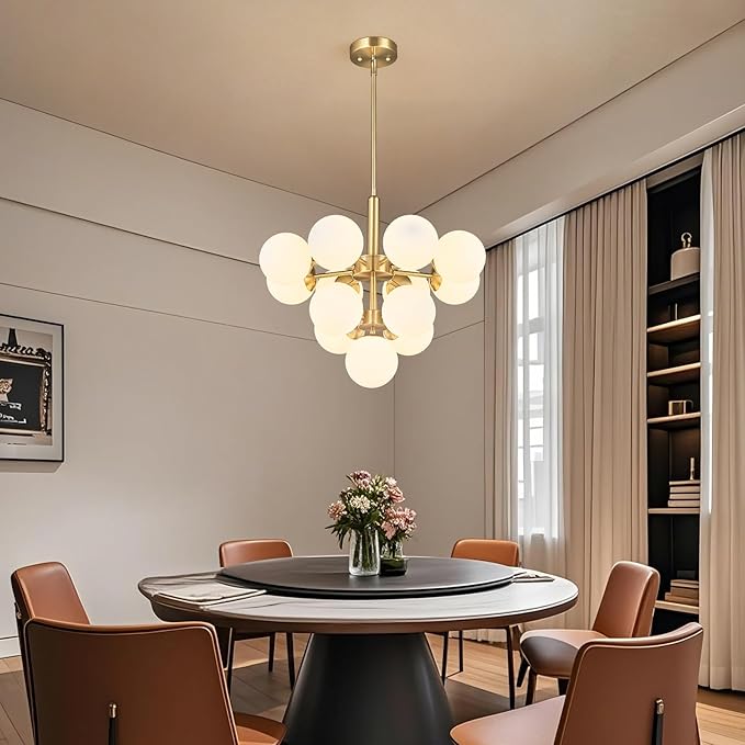13 Lights Mid Century Modern Chandelier Gold Sputnik Chandelier Globe Pendant Lights with Milk White Glass Lampshade for Dining Room Living Room Foyer ‎‎Entryway