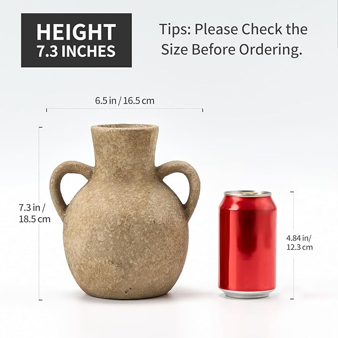 SIDUCAL Rustic Ceramic Farmhouse Flower Vase with 2 Handles, Terracotta Vase, Decorative Pottery Flower for Home Decor, Table, Wedding, Living Room, Shelf Decor, 7.3 Inch, Brown