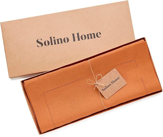 Solino Home Linen Pumpkin Table Runner 120 Inches Long - 100% Pure Linen Hemstitch 14 x 120 Inch Table Runner for Dining, Fall, Autumn, Halloween, Thanksgiving, Holiday - Classic Hemstitch