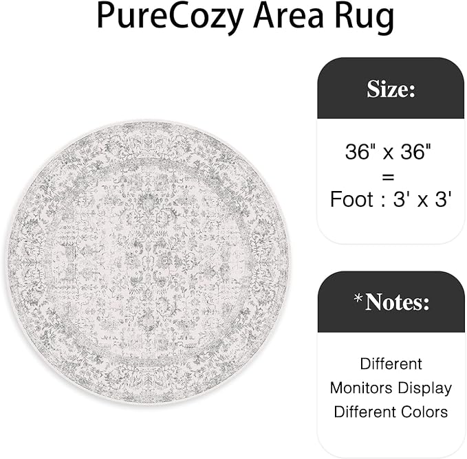 Grey Round Area Rug 3ft Entryway Door Mat Small Circle 3x3 Kitchen Vintage Carpet Non Slip Indoor Bedroom Washable Distressed Floral Retro Accent Throw Rug Office Bathroom