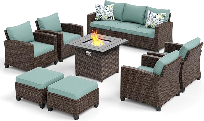 Patio Furniture Set, 8 Pcs Wicker Rattan Outdoor Conversation Set, 4 x Leg Chairs, 1 x 3 Seater Sofa and 2 x Ottoman with 4" Thick Cushion and 32" Fire Pit Table, Blue