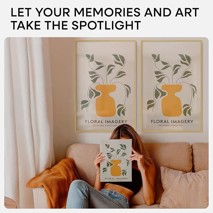 Homeforia 16 x 24 Picture Frame Gold, High End Metal 16x24 Poster Frames with Mat 12x18 Photo, 16 x 24 Gold Frame Matted to 12 by 18 Print, 24x16 Thin Hanging Frame, Tempered Glass, Wall Kit, Set of 4