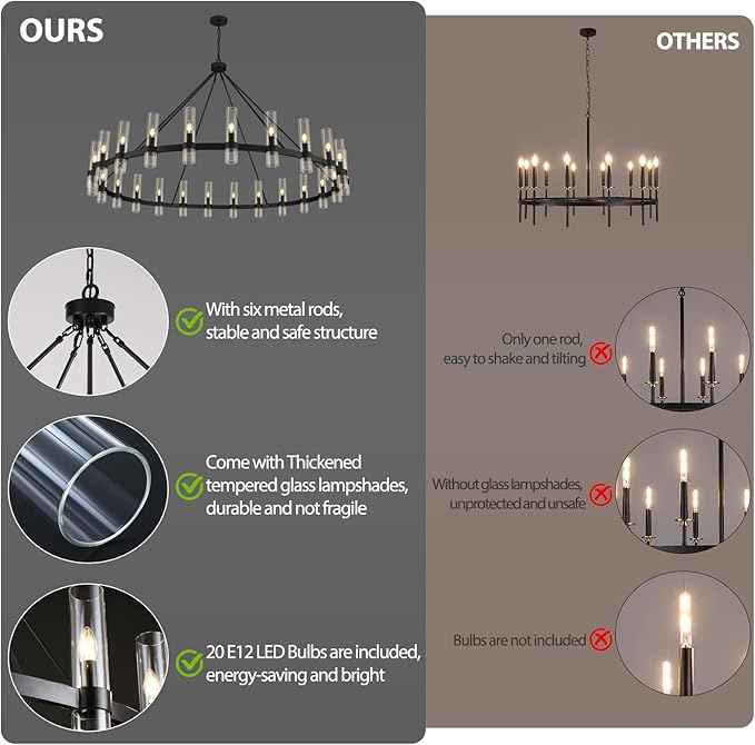 Black Wagon Wheel Chandelier, 70 Inch Glass Chandeliers, 24 Light Chandelier for High Ceiling, Modern Farmhouse Chandeliers for Living Room, Dining Room, Entryway, Stairwell(Bulbs Included)