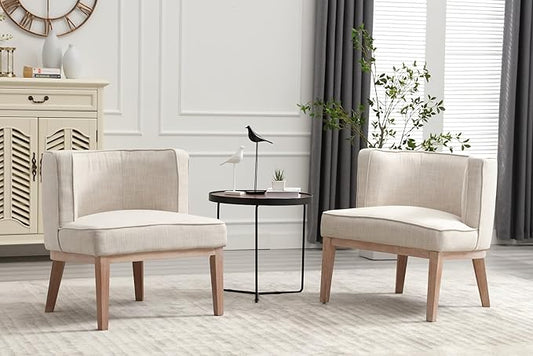 Set of 2 Arm Accent Chair Barrel Accent Chair with Wood Legs, Comfy Barrel Side Chair Linen Upholstered Reading Chairs with Back for Living Room Bedroom, Living Room Chair, Beige