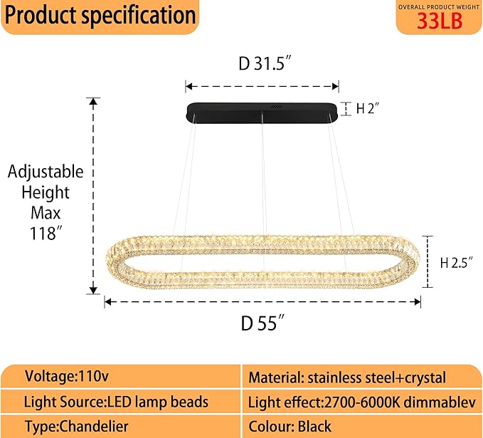 Oval Crystal Chandelier, 55'' Black Crystal Ring Pendant Light for Kitchen Island Modern Linear Oval Chandeliers for Dining Room Dimmable 3000K-6000K