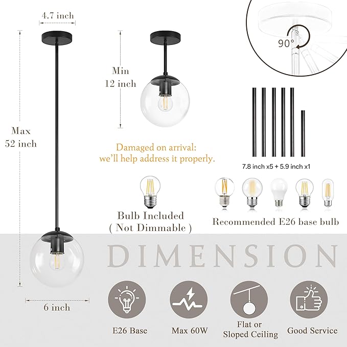 6 Inch Globe Pendant Light Black Mid Century Pendant Light Clear Glass Pendant Lights Kitchen Island Mid Century Adjustable Hanging Farmhouse Pendant Lights Fixtures for Kitchen Island