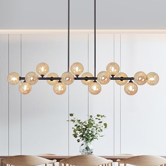 Large Dining Room Light Fixture, 55" Modern Linear Sputnik Chandeliers with Amber Sirled Glass Globe Bubble Farmhouse Chandeliers for Dining Room 16 Lights Island Light for Kitchen