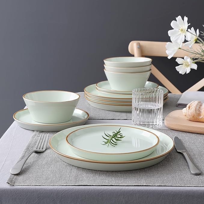 Famiware Saturn Dinnerware Sets, Plates and Bowls Sets for 4, 12 Pieces Stoneware Dish Set - Chip and Scratch Resistant, Microwave and Dishwasher Safe Tableware Set, Light Green with Rim