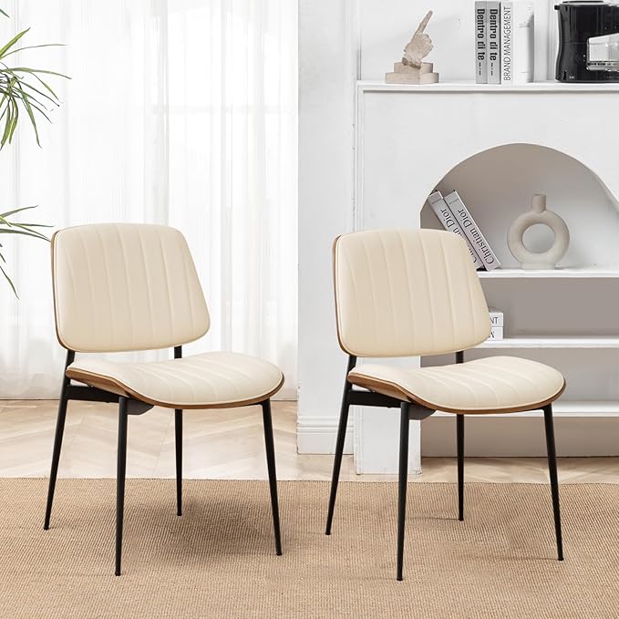 LUNLING Dining Chairs Set of 4 Mid Century Modern Retro Faux Leather Chairs with Walnut Bentwood Upholstered Seat Metal Legs Chair,Adjustable Foot for Kitchen Dining Room Chairs(Beige)