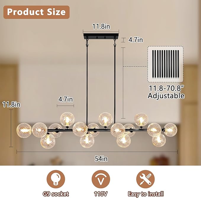 Modern Chandeliers for Dining Room, 16-Light Large Dining Room Light Fixture Linear Sputnik Chandelier Clear Glass Globe Long Bubble Chandelier Farmhouse Island Lights for Kitchen