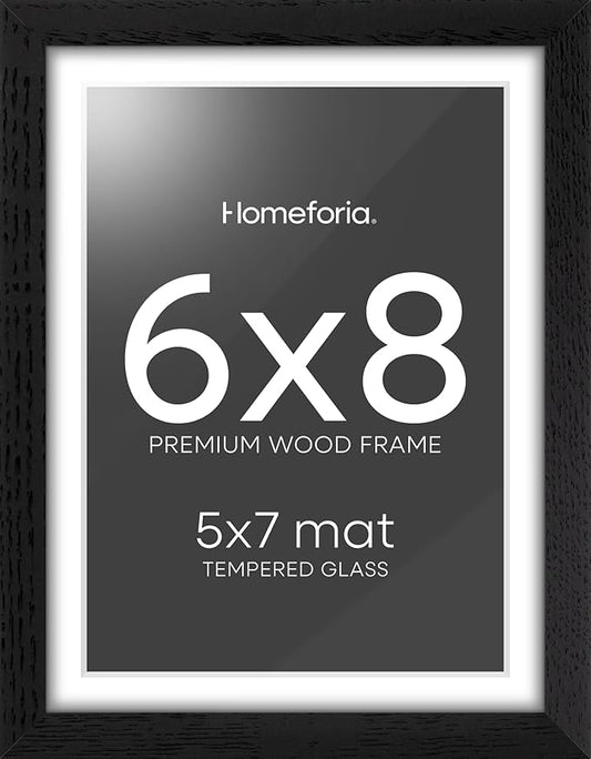 Homeforia 8x6 Black Wood Frame, High End Oak 6x8 Black Wooden Picture Frames with Mat 5x7 Art, 6 x 8 Frame Matted to 5 by 7 inch Photo, 6x8 Wall or Tabletop Frames, Tempered Glass, Wall Kit, Set of 1
