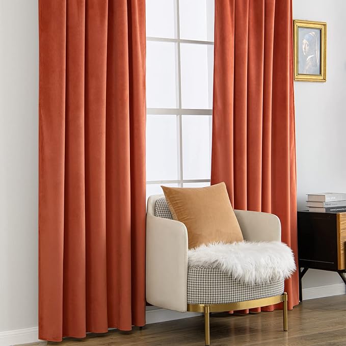 MIULEE Velvet Curtains 90 inches 2 Panels - Luxury Burnt Orange Blackout Curtains for Bedroom Living Room Thermal Insulated Super Soft Window Drapes Rod Pocket & Back Tab, Terracotta Rust Fall Decor