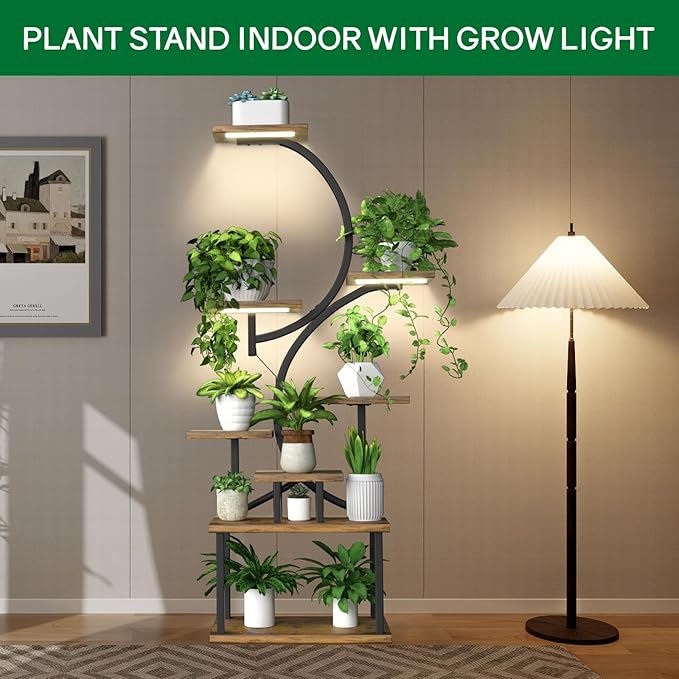 62.1" Tall Plant Stand Indoor with Grow Lights, 8 Tiered Metal Corner Plant Shelf Display Rack for Indoor Plants, S-Shaped Decorative Rack Large Flower Holder Stand for Living room, Patio, Bedroom