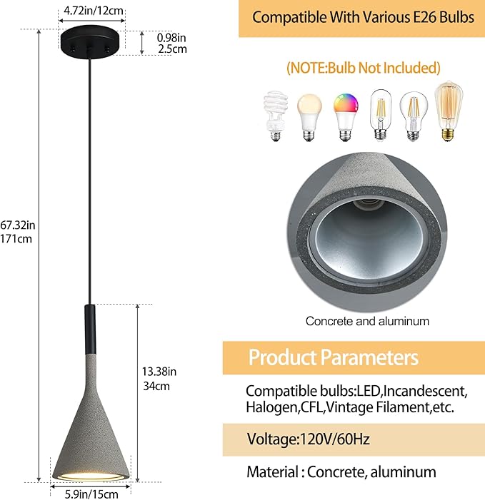 Farmhouse Black Pendant Light Fixtures 1-Light Concrete Industrial Kitchen Island Pendant Lighting for Dining Room Bedroom Hallway Pendant Ceiling Lamp(2-Pack)