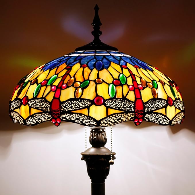 WERFACTORY Tiffany Floor Lamp Blue Yellow Dragonfly Stained Glass Standing Reading Light 16X16X64 Inches Antique Pole Corner Lamp Decor Bedroom Living Room Home Office S168 Series