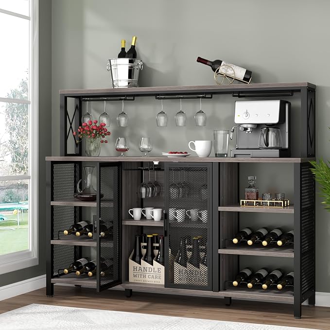 Bar Cabinet, 55 Inches Industry Coffee Bar Cabinet with Wine Rack and Glass Holder, Kitchen Sideboard Buffet Cabinet with Wine Rack Storage for Liquor and Glasses (Rustic Grey)