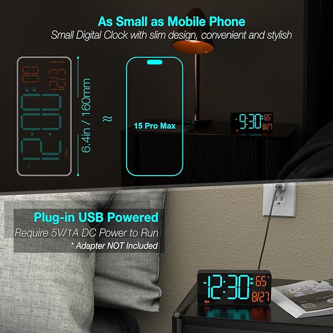 KOSUMOSU Digital Clock for Bedroom 6.7in Alarm Clocks for Living Room, Auto Dimming,Date,Week,Seconds,Indoor Temperature, Small Digital Alarm Clock for Classroom,LED Alarm Clocks for Bedrooms