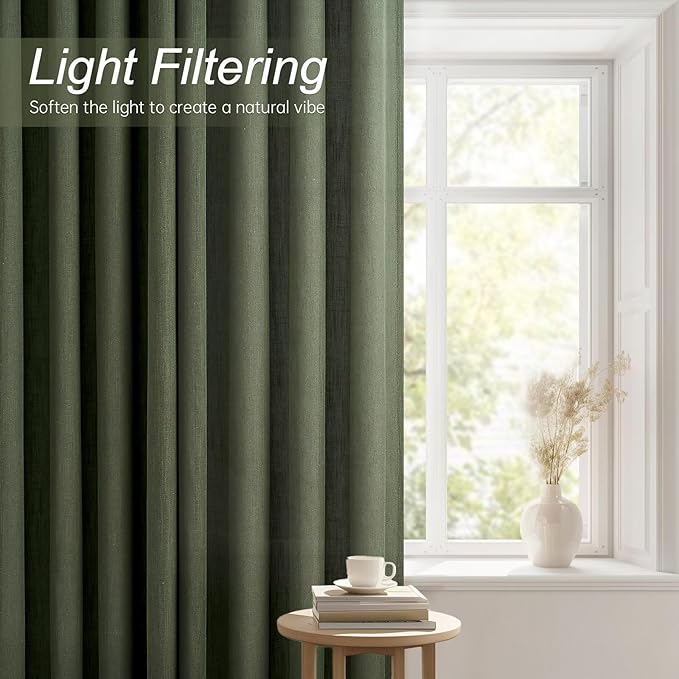 Topfinel Olive Green Linen Sheer Curtains 84 Inches Long 2 Panels for Living Room Bedroom Rustic Grommet Curtain Light Filtering Loden Forest Green Farmhouse Drapes 84 Inch Length