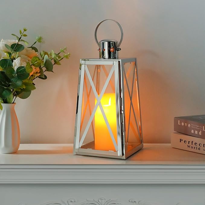 TRIROCKS Stainless Steel Decorative Lantern 12'' H Metal Candle Holder Hanging Candle Lantern with Tempered Glass for Christmas Home Decor Living Room Parties Events Indoor Outdoor(Silver Trapezoid)
