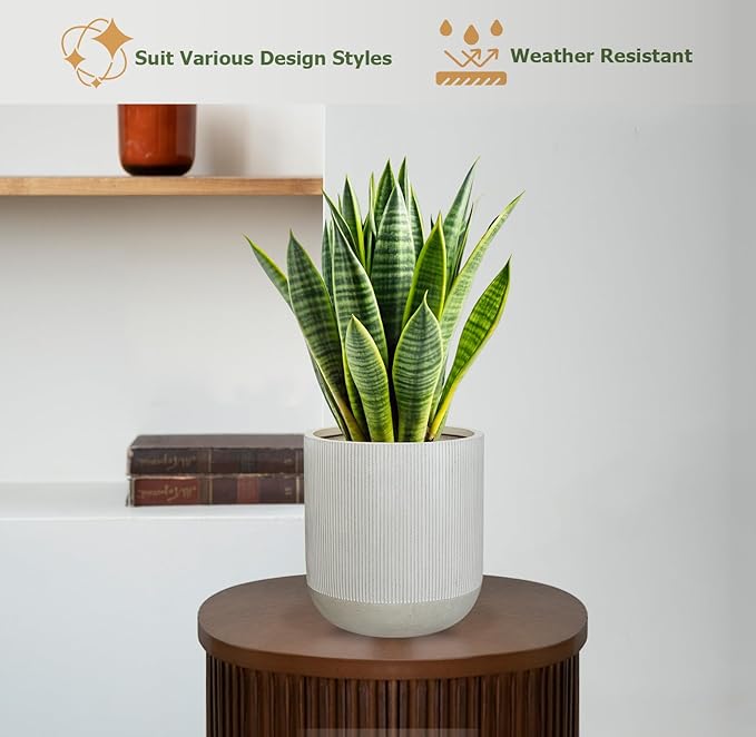 14.2" H x 13" D Ribbed Radius Fiberstone Round Planter with Drainage Hole, Weather Resistant for Indoor and Outdoor Use, Included 2 Extra Coco Mats (Frost Grey, 11.5" Pot Opening)