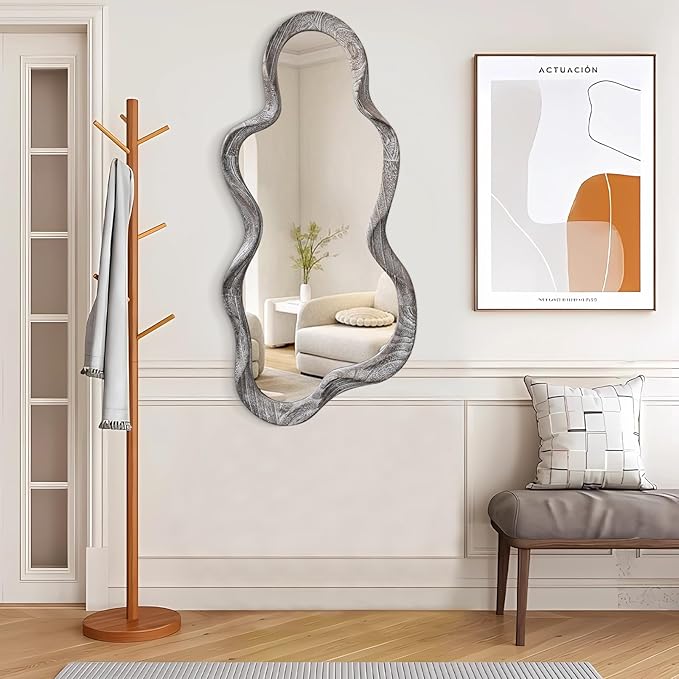 Asymmetrical Mirror Large Irregular Wall Mirror Modern Wood Frame Unique Artistic Mirrors Cute and Stylish Cloud Wavy Mirror Decorative for Cloakroom Bedroom Living Room Bathroom Entryway White