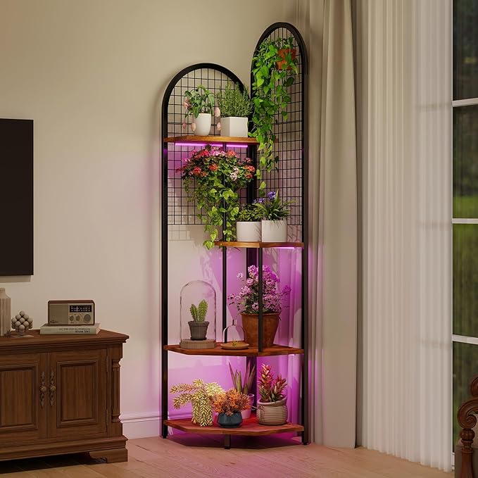 4-Tier Plant Stand with Grow Lights, 63in Tall Corner Shelf for Indoor Plant, 3-Color Adjustable Full-Spectrum Light, Multifunctional Flower Display Rack for Living Room, Patio, Hallway, Black