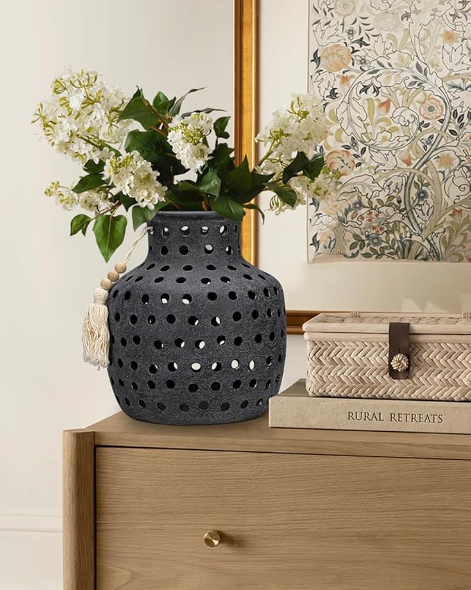 Ceramic Flower Vase Home Decor - 10 Inch Rustic Hollow Black Pottery Vase Modern Farmhouse Vintage for Centerpieces House Living Room Dining Table Shelf Mantel Decoration