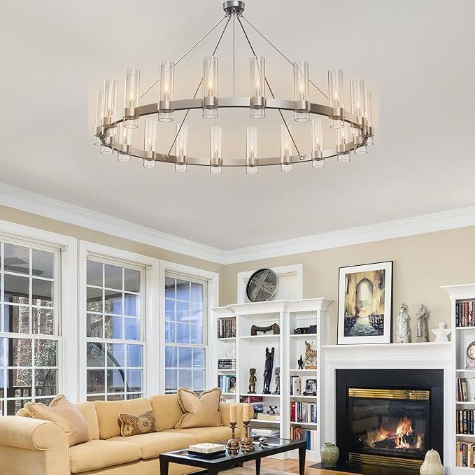 Nickel Chandelier,20-Light Wagon Wheel Chandelier with Glass Shade, 60 Inch Large Round Industrial High Ceilings Pendant Lighting Fixture for Dining Room, Living Room, Kitchen Island