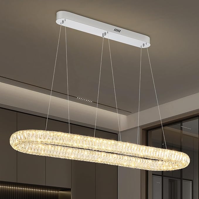 Oval Crystal Ring Chandelier for Living Room, 47.2'' Chrome Ring Pendant Light for Kitchen Island Modern Linear Oval Chandeliers for Dining Room Dimmable 3000K-6000K