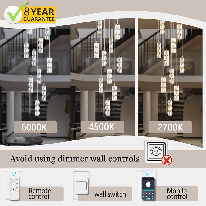 Large Chandeliers for Living Room Modern Crystal Gold Chandeliers Spiral Staircase Pendant Light High Ceiling Lamp Fixture for Foyer Entrance Dimmable 2700-6000K