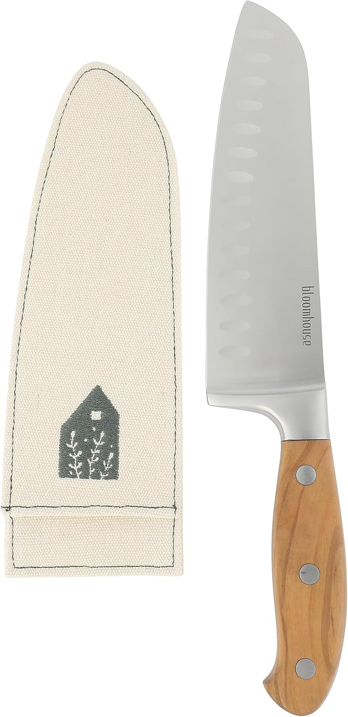 Bloomhouse 7 Inch German Steel Santoku Knife W/Italian Olive Wood Forged Handle