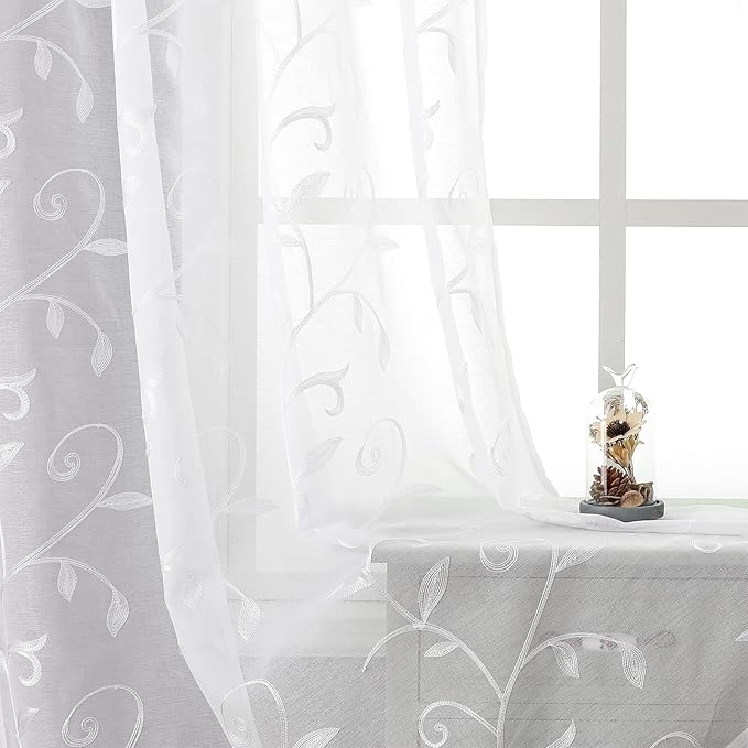 VISIONTEX Sheer Curtains 120 inch Length 2 Panels Set, White Voile Crushed Vine Leaves Embroidery, Rod Pocket Embroidered Window Drapes for Living Room and Bedroom, 54" x 120"