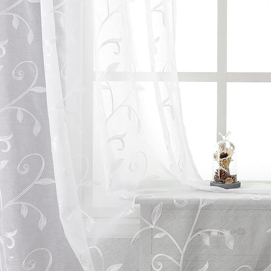 VISIONTEX Sheer Curtains 120 inch Length 2 Panels Set, White Voile Crushed Vine Leaves Embroidery, Rod Pocket Embroidered Window Drapes for Living Room and Bedroom, 54" x 120"