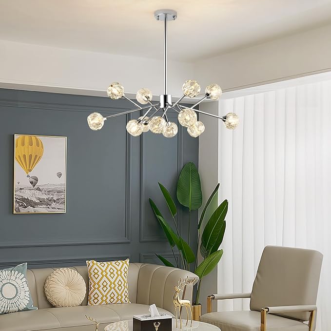 Sputnik Chandeliers for Dining Room Light Fixture Over Table, Modern Crystal Chandeliers, 12 Lights Chrome Lighting Fixtures for Living Room Bedroom Kitchen Island Bar