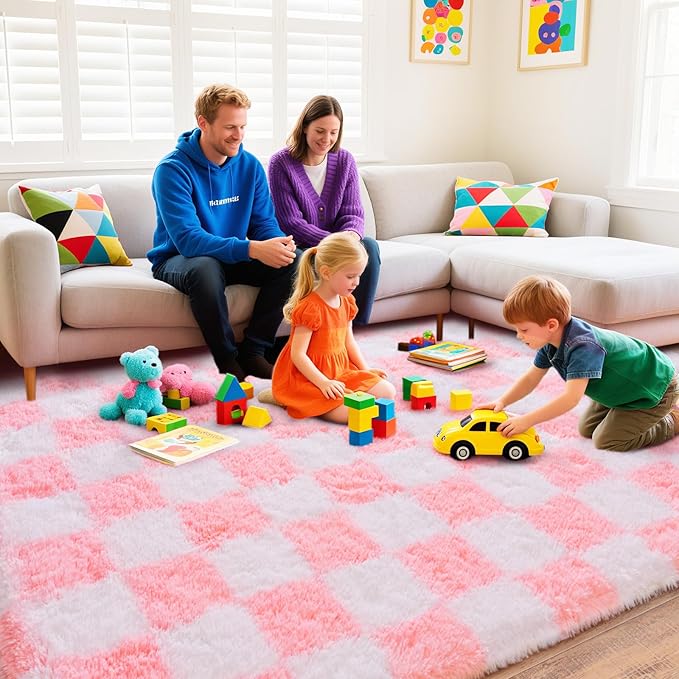 Checkered Rug for Living Room 6x9, Ultra Fluffy Fuzzy Shag Large Area Rug for Bedroom, Modern Plush Soft Upgrade Non-Slip Carpet for Kids and Girls Room Dorm Home Decor, Pink and White