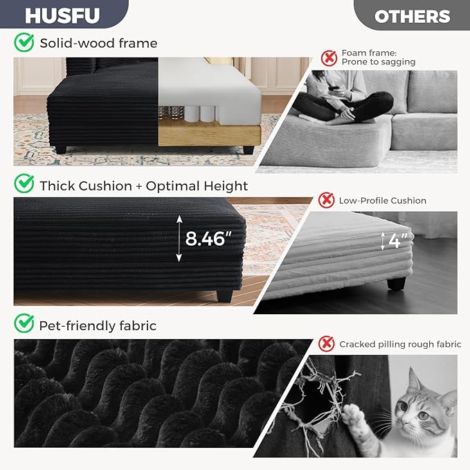 HUSFU 60'' Oversized Chaise Lounge Chair, Upholstered Sofa Bed, Sleeper Couch Reading Chairs with USB Port and Cup Holders,Comfy Cloud Sofas Couches for Living Room,Black