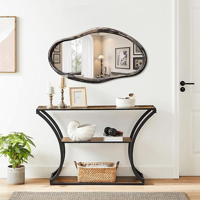 JJUUYOU Asymmetrical Wall Mirror Irregular Mirrors for Wall Modern Wood Frame Unique Vanity Mirror Shaped Dressing Mirrors Decor for Living Room Bathroom Bedroom Entryway Large 30"x18"