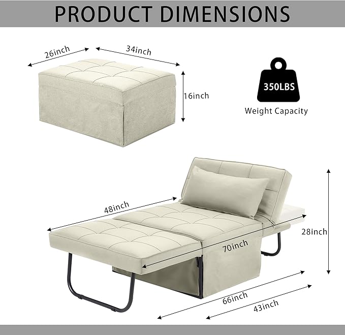 BIGSYY Sofa Bed, 4 in 1 Multi-Function Folding Ottoman Breathable Linen Couch Bed with Adjustable Backrest Modern Convertible Chair for Living Room Apartment Office, White
