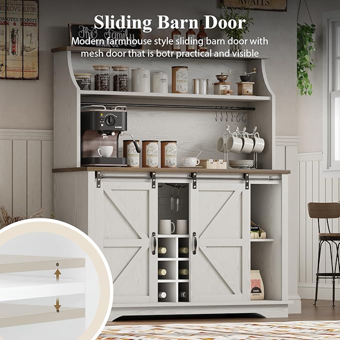 47 Inch Farmhouse Coffee Bar Cabinet with 3-Tier Storage, Kitchen Hutch with 9 Wine Racks & 3 Glass Holders, Coffee Bar with 6 Hooks, Wine Bar Cabinet for Dining Living Room, White