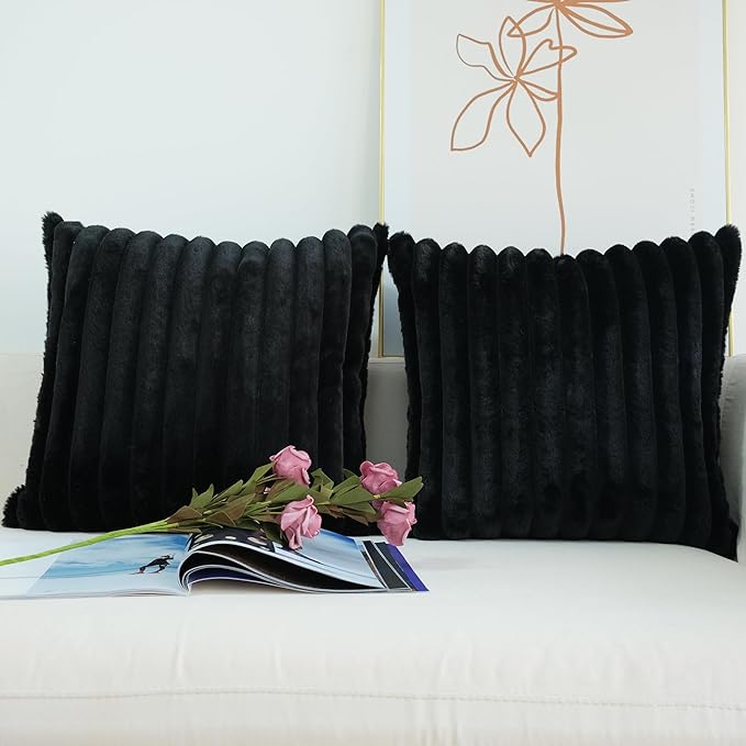 JOJUSIS Pack of 2 Faux Fur Plush Decorative Throw Pillow Covers Couch Cushion Case Soft Pillowcases (Black, 18 x 18-Inch)