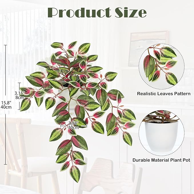 Briful Small Faux Plants Indoor Artificial Potted Silk Plants Fake Watermelon Peperomia Trailing Vine Plant for Home Office Bathroom Table Shelf Mantle Modern Decoration(Red Green- 1 Pack)