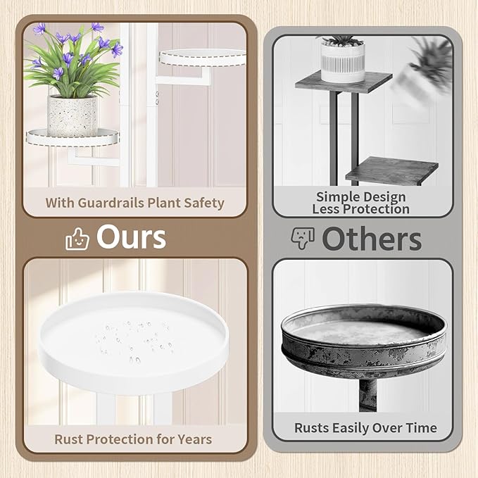 LASZOLA White 3 Tiered Plant Stand Indoors Heavy Duty Metal Rack, Sturdy Multi Level Shleving Hold Flowers, Larger House Decorate Ladder for Planting Inside Tree Herb Cactus, Wooden Base, Space Saving