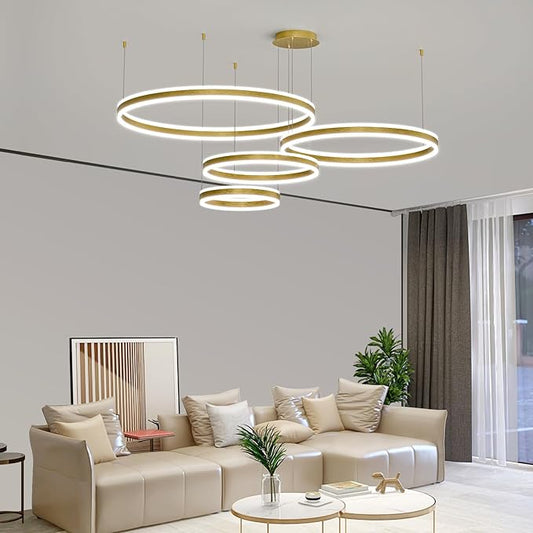 Modern LED Chandelier Light, 4 Ring Gold Pendant Lighting Fixture, Adjustable Hanging Ceiling Lamp for Dining Room, Kitchen Island, Entryway, Living Room, Dimmable Dining Lights Over Table