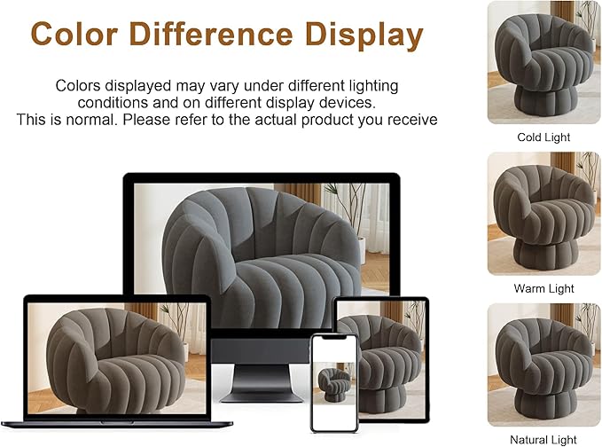 Mid Century Modern 360 Degree Barrel Swivel Accent Sofa Chair,Fluffy Velvet Fabric Lounge Wide Upholstered Pumpkin Reading Chair, Round Cloud Armchair for Living Room,Bedroom,Vanity(Gray)